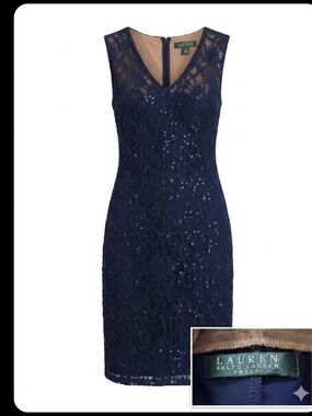 Lauren Ralph Lauren Navy Lace Sequin Midi Dress